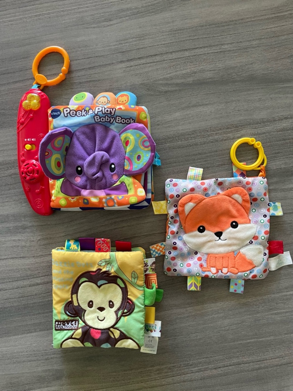 VTech Peek & Play Baby Book + Taggies Monkey + Fox Sensory Toy Bundle